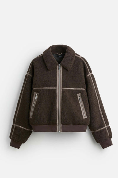 Men's casual lapel fleece jacket in dark brown color, suitable for winter, featuring zipper pockets and regular fit.