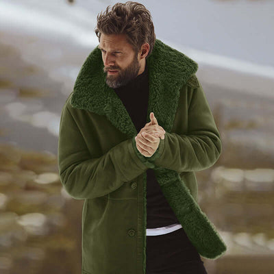 Men's warm mid-length coat in green with a soft fur collar, perfect for winter fashion.