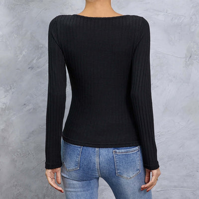 Ladies' Solid Color Collar Cross Design Slim Fit, Simple And Comfortable Elastic Long Sleeved T-shirt eprolo
