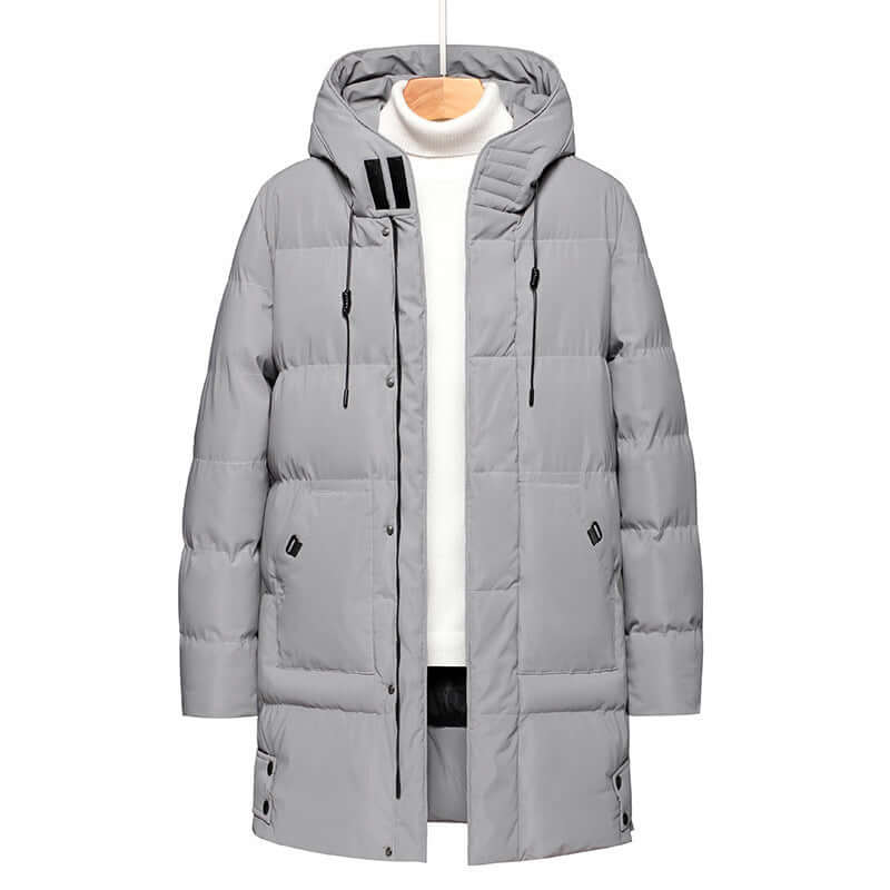 Gray thick mid-length men's cotton-padded jacket with hood, perfect for keeping warm in winter.
