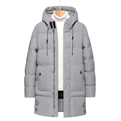 Gray thick mid-length men's cotton-padded jacket with hood, perfect for keeping warm in winter.