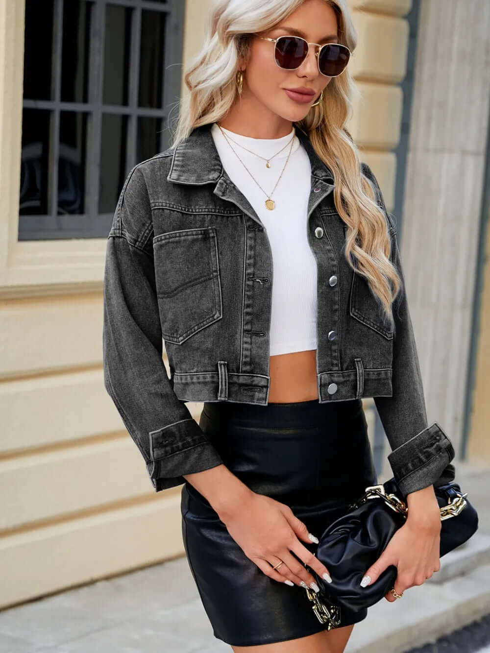 Washed slim fit short long sleeved denim jacket top eprolo