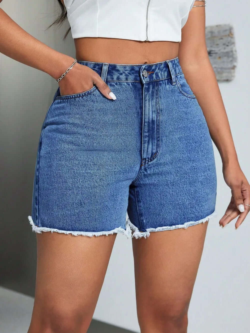 Raw Hem High Waist Denim Shorts eprolo