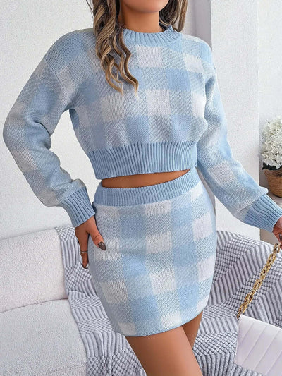 Plaid Round Neck Top and Skirt Sweater Set eprolo