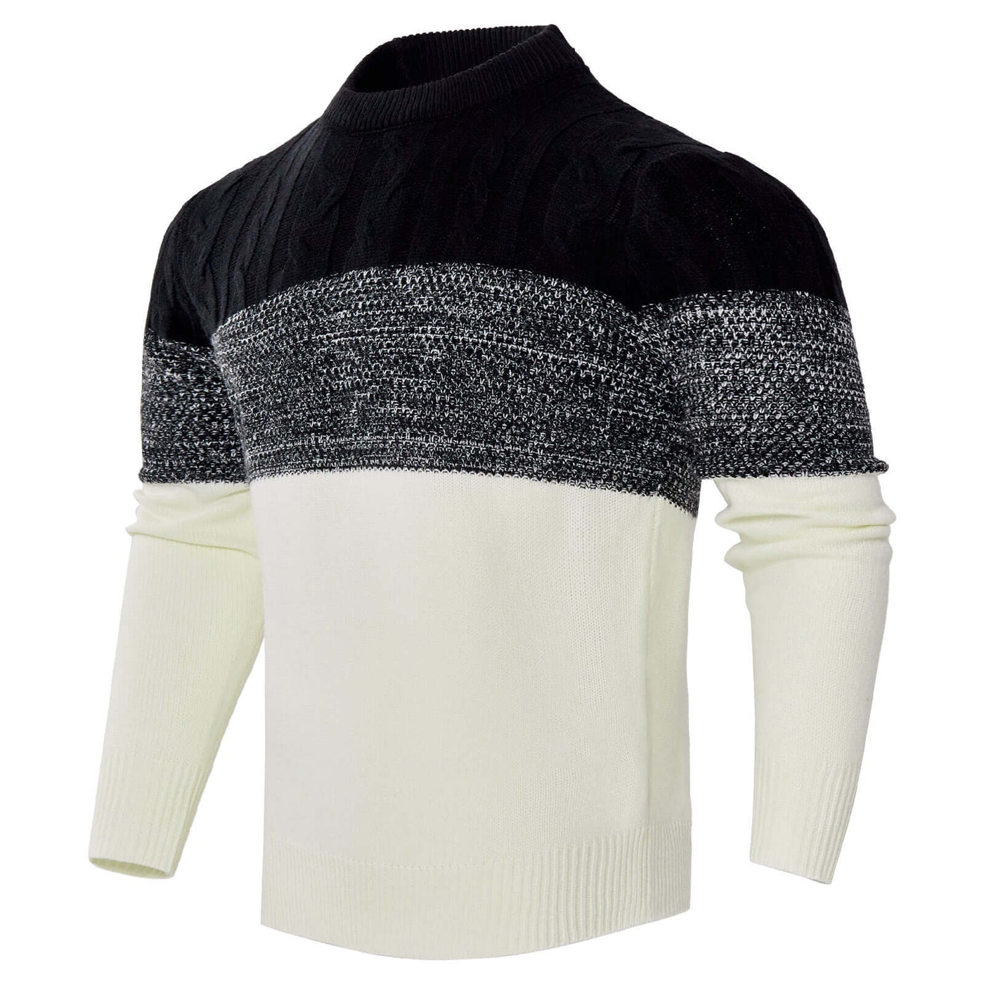 Men's knitted long-sleeved pullover sweater in black, gray, and white, perfect for fall and winter style.