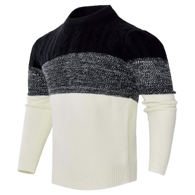 Men's knitted long-sleeved pullover sweater in black, gray, and white, perfect for fall and winter style.