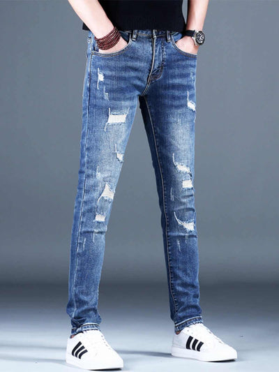 Men's ripped fleece padded jeans in light blue, featuring distressing and a slim-fit design.