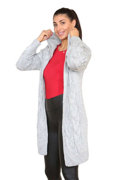 Knitted Cables Hooded Long Over Sized Cardigan eprolo