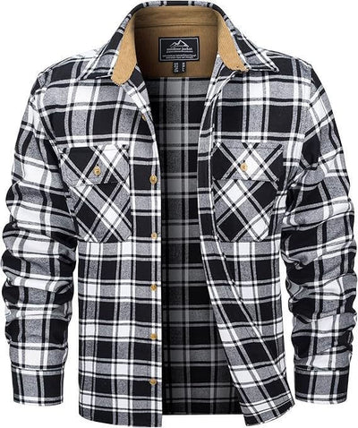 Men's black and white plaid flannel shirt with button-up front and chest pockets, perfect for casual fall and winter wear.