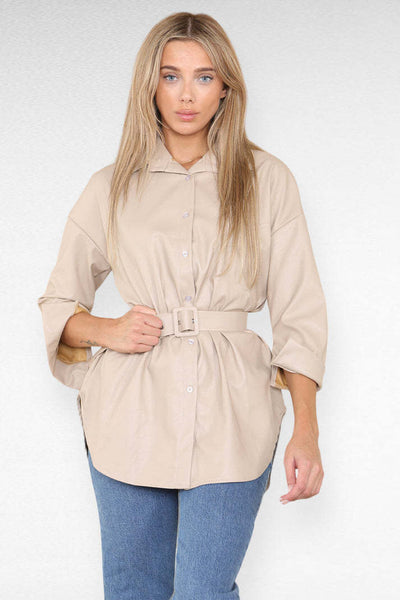 PU Faux Leather Belted Wet Look Shirt Dress eprolo