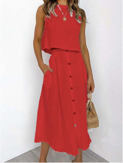 Women's Fashionable Simple Round Neck Vest Shirt Mid-length Dress Two-piece Suit eprolo
