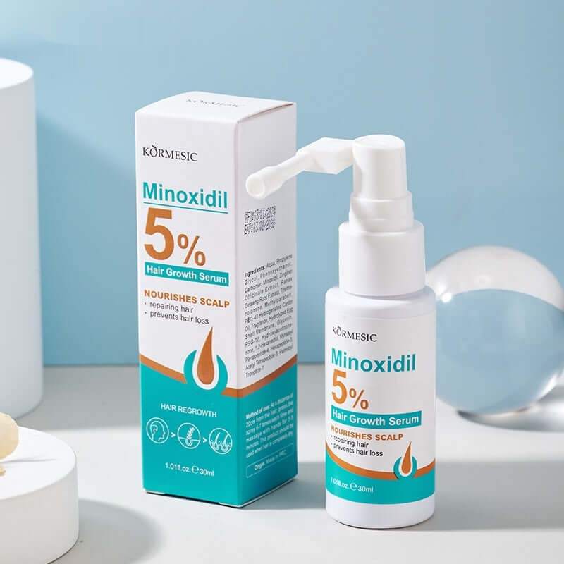 KORMESIC 5% Minoxidil Hair Growth Tonic in a bottle with a pump, nourishing scalp and preventing hair loss.