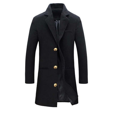 Men's black woolen mid-length trench coat with gold buttons and straight hem design.