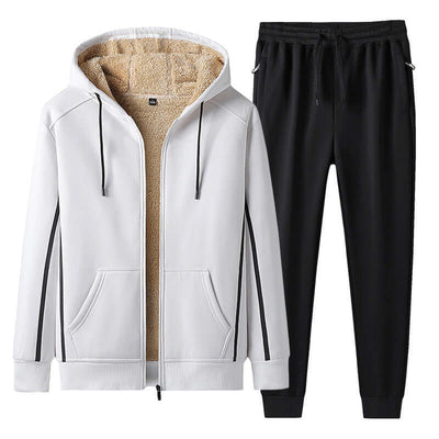 Men's leisure sports suit featuring a white zip hoodie and black pants, perfect for active wear and casual outings.