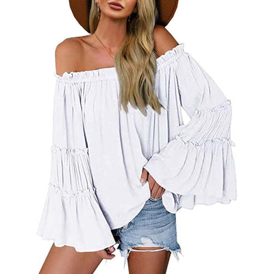 Women's Off Shoulder Blouse Long Flared Bell Sleeve Casual Loose Fit Top eprolo