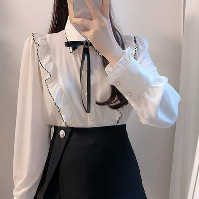 Preppy Style Pearl Buckle Bow Ruffled Collar Shirt eprolo