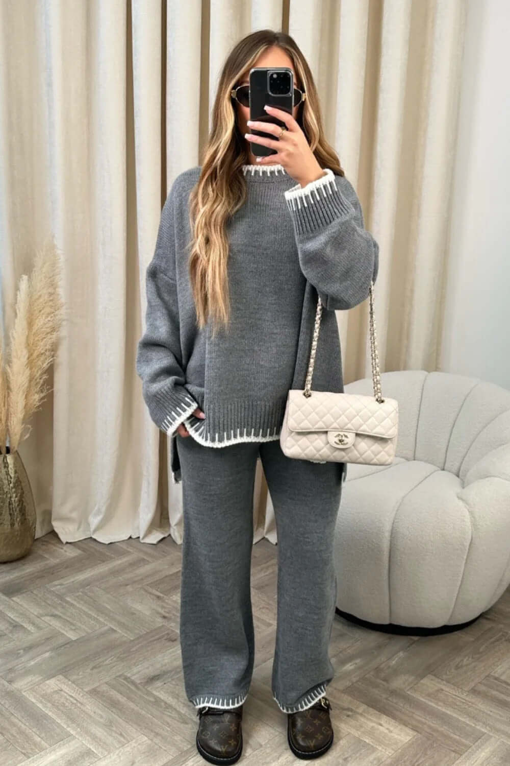 Women's Suit Fashion Pullover Split Long-sleeved Top And Loose Straight Pants Solid Color Two-piece Set eprolo