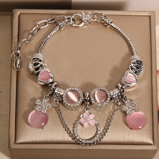 Women's Mori Style Pink Cat's Eye Cute Flowers Pendant Bracelet eprolo