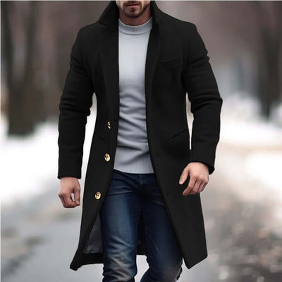 Men's black woolen mid-length trench coat with gold buttons, perfect for leisure and stylish winter wear.