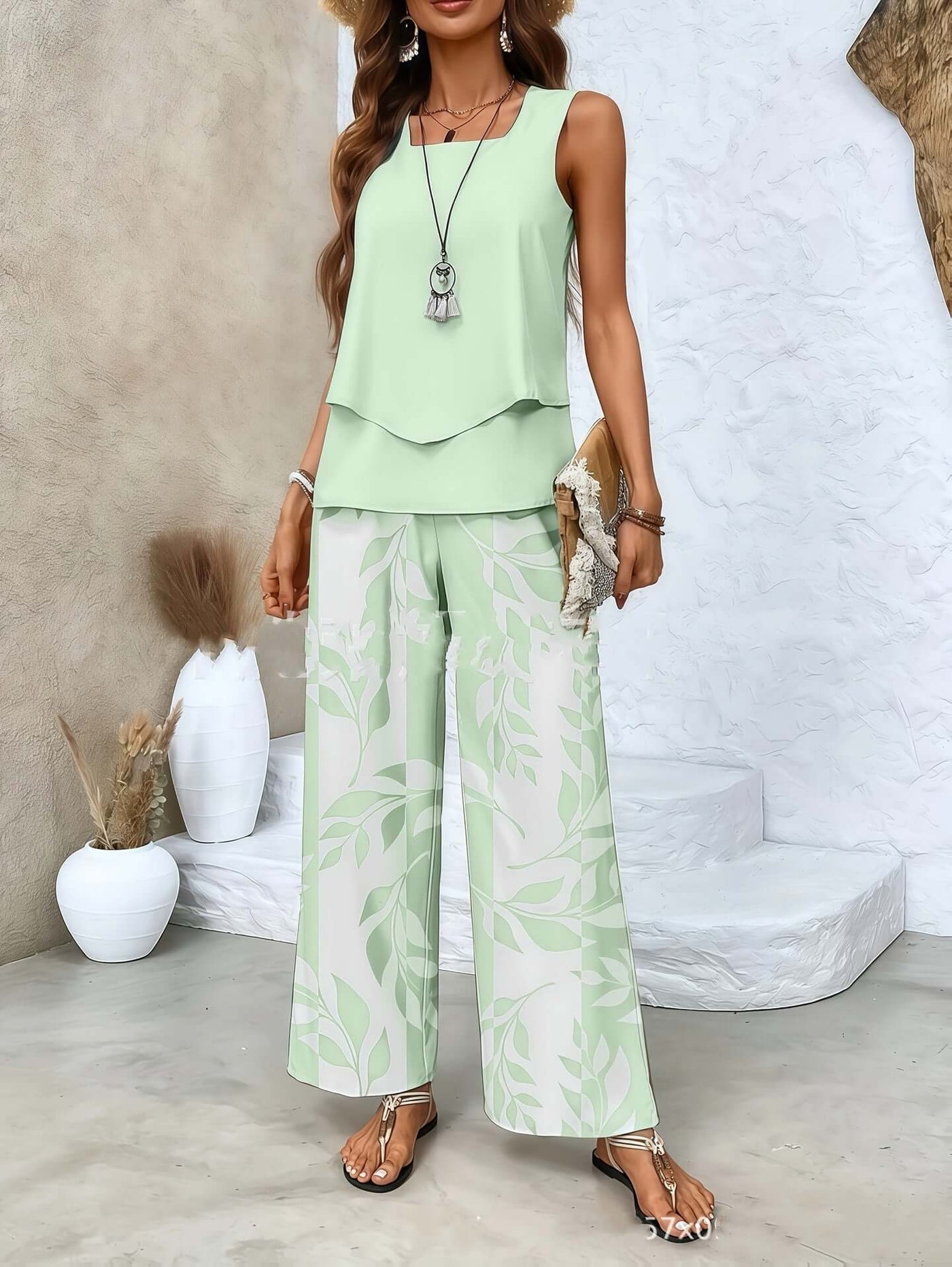Women's printed sleeveless vest with loose straight pants
