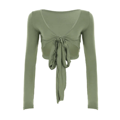 Pure Desire Strap Long-sleeved T-shirt Sexy Deep V-neck Short Blouse eprolo