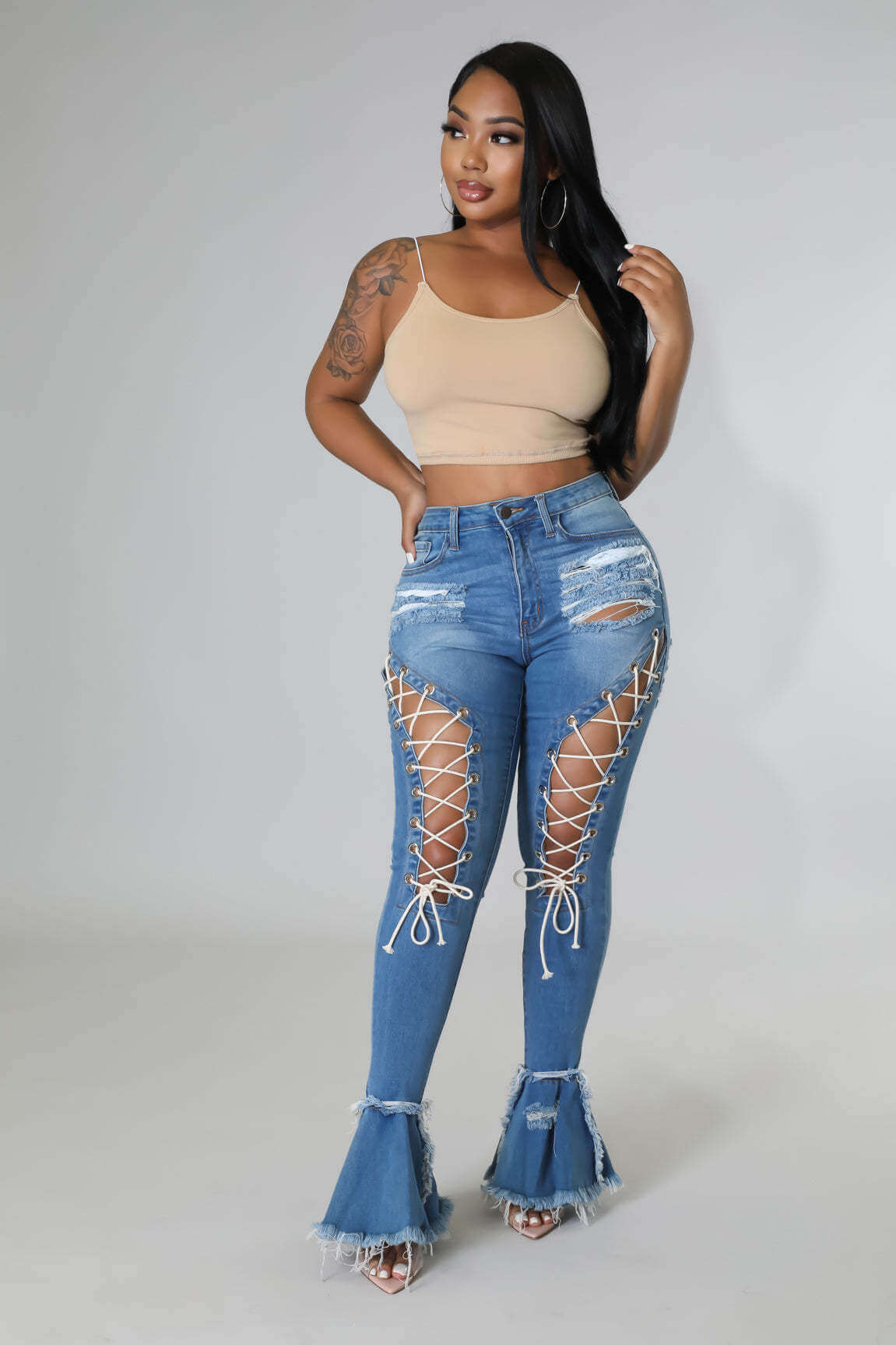 Retro mid-waist tattered bell-bottom jeans for women