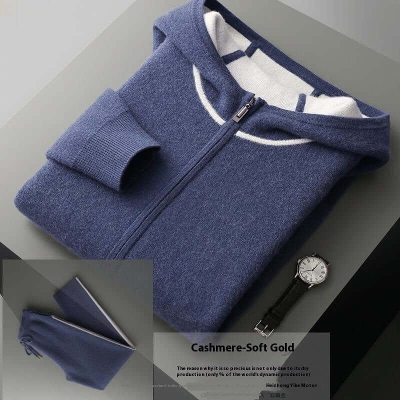 Cashmere-soft gold hooded sweatshirt in blue, featuring a zip closure and stylish design, ideal for casual wear.