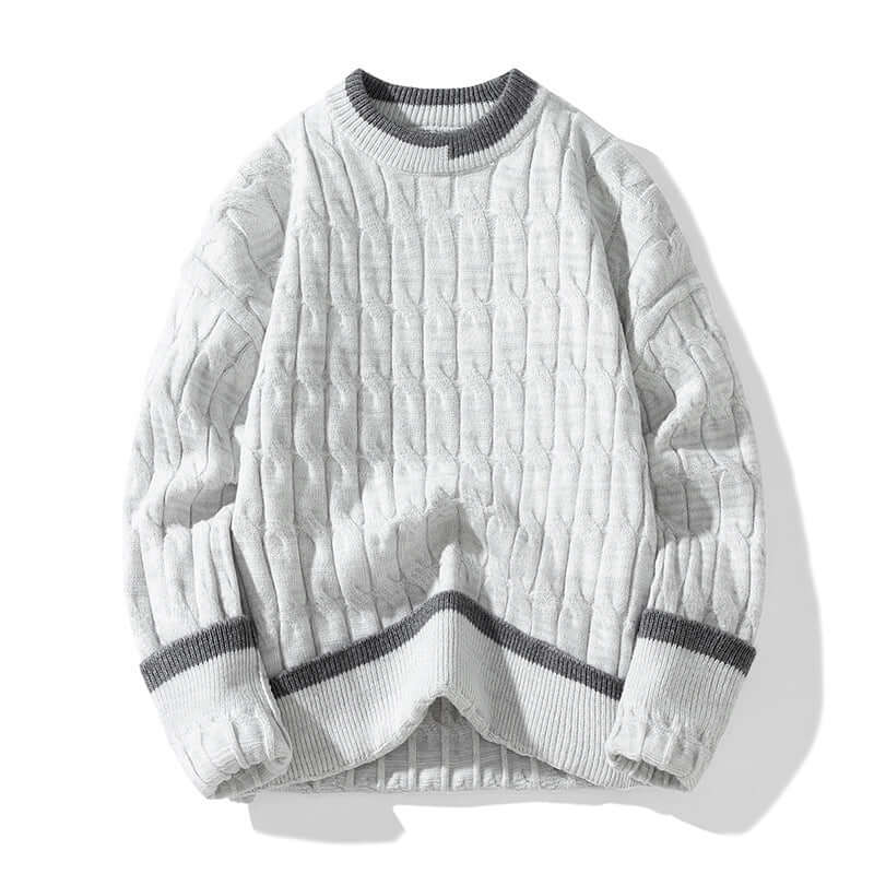Men's loose-fit pullover sweater in gray featuring textured pattern, long sleeves for autumn and winter.