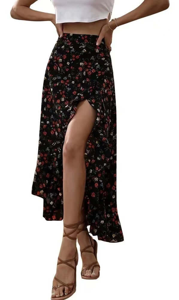 Printed Ruffled Side Slit Skirt eprolo