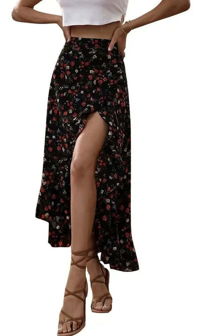 Printed Ruffled Side Slit Skirt eprolo