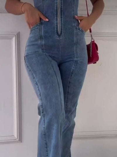Sleeveless Paneled Zipper Denim Jumpsuit Dropshipman