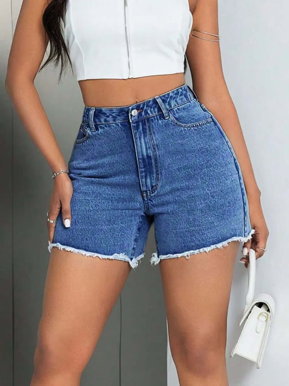Raw Hem High Waist Denim Shorts eprolo