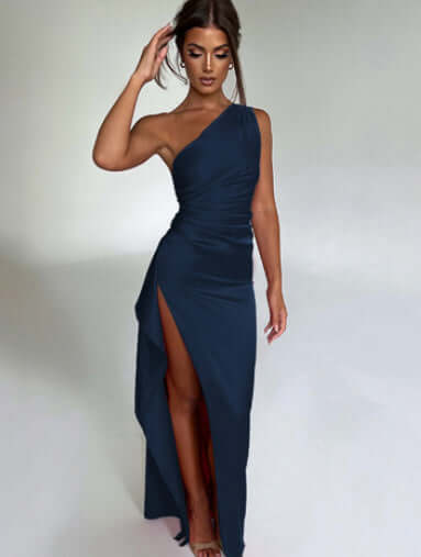 Sexy One-shoulder Backless Slit Dress Summer Elegant Slim-fit Solid Color Satin Dresses For Women Astrazona