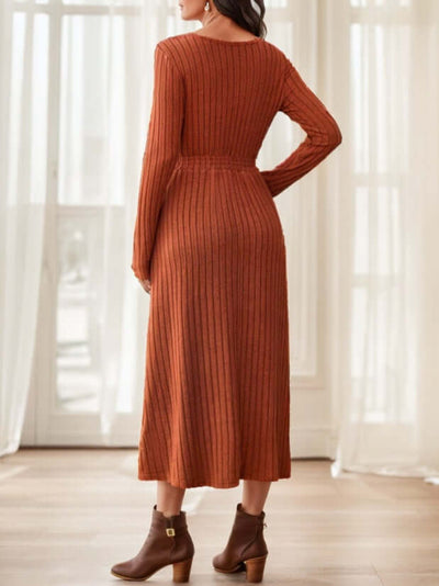 Women's Fall Solid Color Casual Long Sleeve Midi Dress With Belt Decoration eprolo