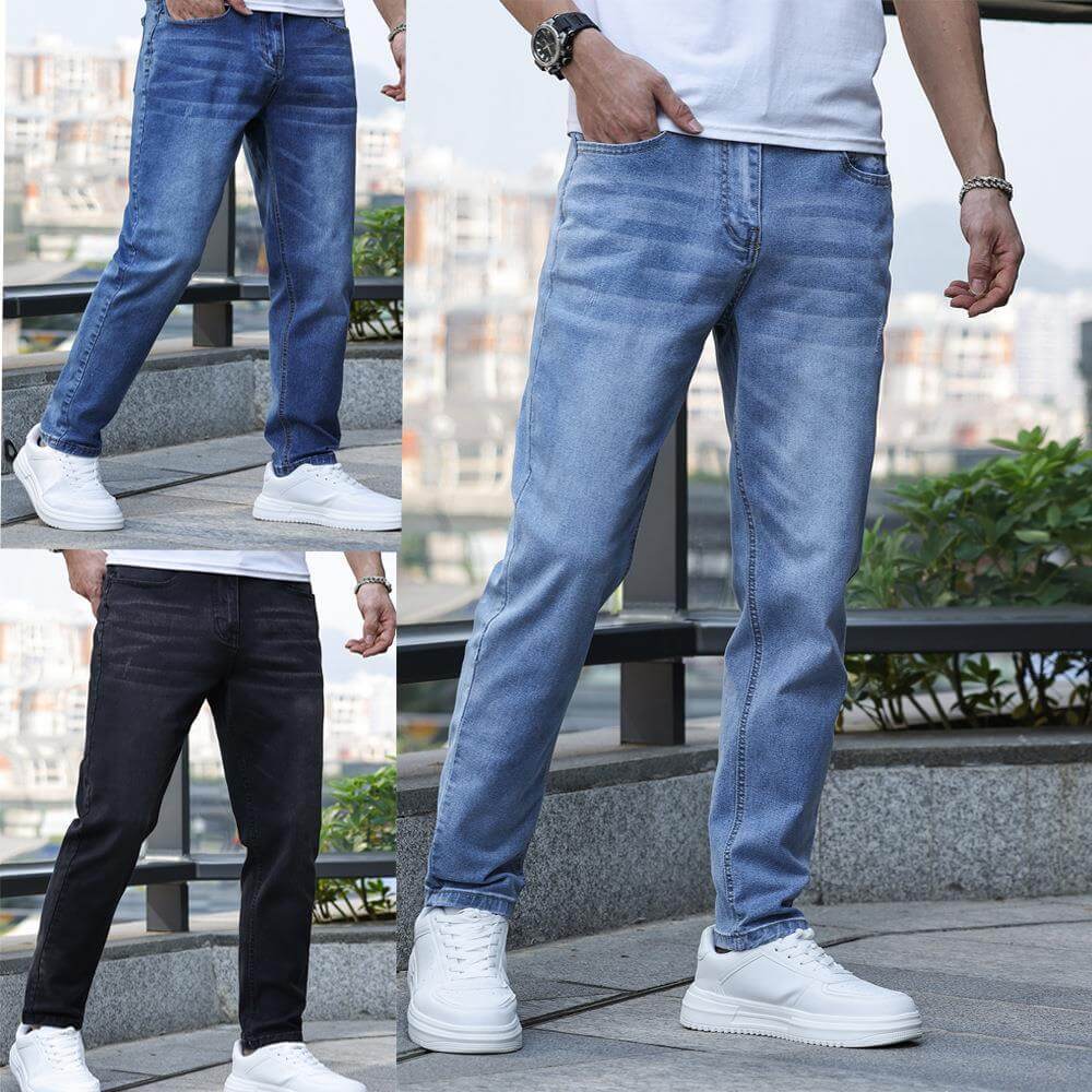 Men's stretch slim jeans in light blue, blue, and black, featuring medium elasticity, mid-waist fit, and suitable for teenagers.