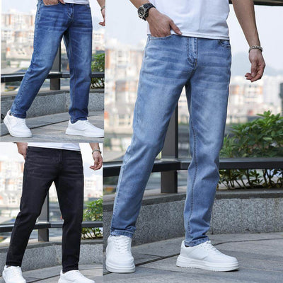 Men's stretch slim jeans in light blue, blue, and black, featuring medium elasticity, mid-waist fit, and suitable for teenagers.