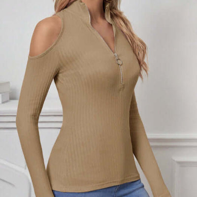 Women's Solid Color Long Sleeved Off Shoulder Zipper Design Slim Fit Home Clothing Top eprolo