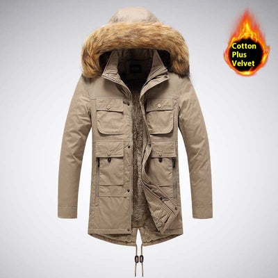 Men's autumn and winter jacket in khaki with fur hood and multiple pockets, made of cotton and velvet.