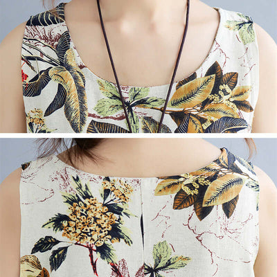 Printed Cotton Linen Round Neck Sleeveless Dress Women's eprolo