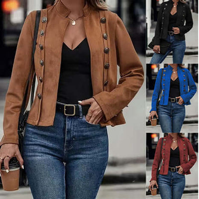 Long-sleeved deerskin velvet coat with double-row metal buckle, available in dark brown, black, blue, and red.