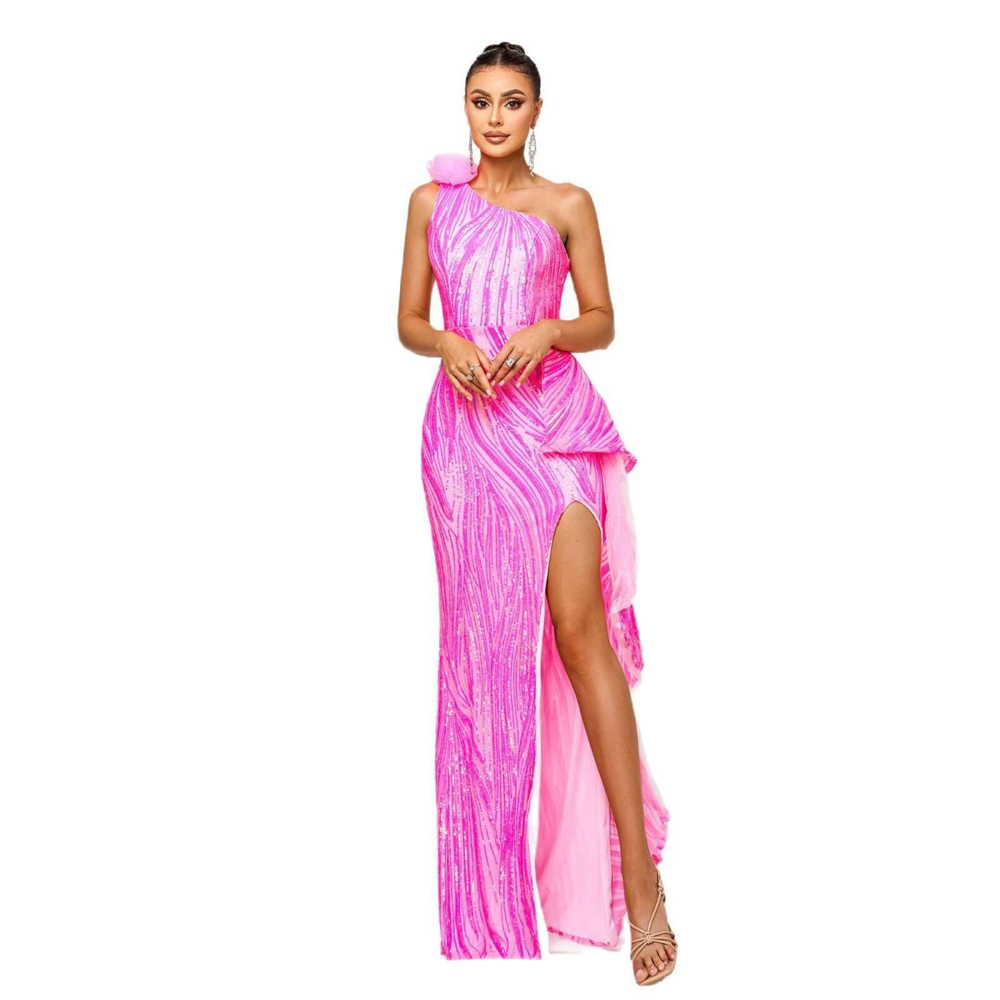 Elegant formal dress featuring sequins, single sleeve, and front slit