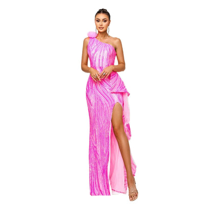 Elegant formal dress featuring sequins, single sleeve, and front slit