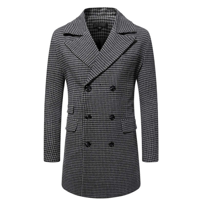 Men's mid-length plaid overcoat in dark gray and brown with straight hem, suitable for teenagers and available in multiple sizes.
