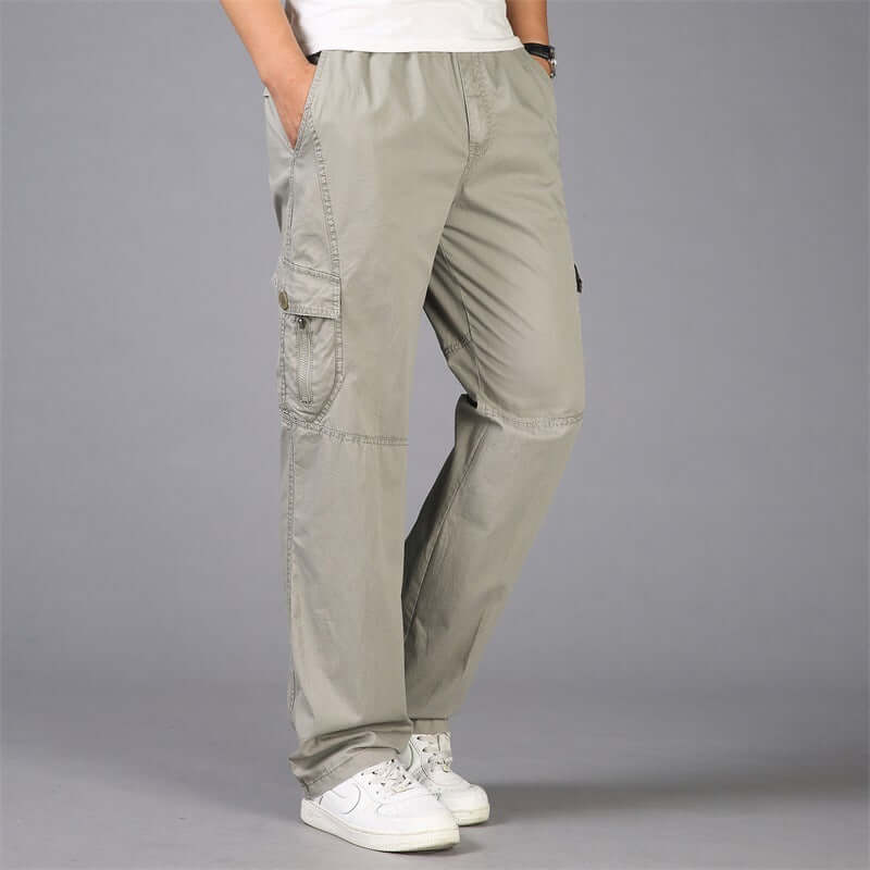 Thin fat pants in Korean style with loose straight legs and multiple pockets, ideal for casual wear and outdoor activities.