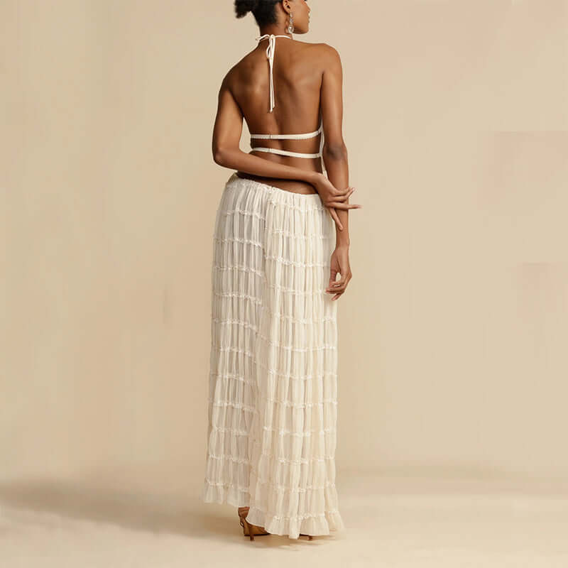 2pcs Women's Dress Suit Sexy Sleeveless Backless Cropped Halter Top And Pleated Long Skirt Beach Clothing eprolo