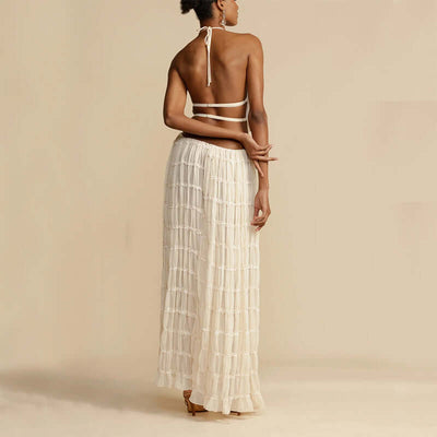 2pcs Women's Dress Suit Sexy Sleeveless Backless Cropped Halter Top And Pleated Long Skirt Beach Clothing eprolo