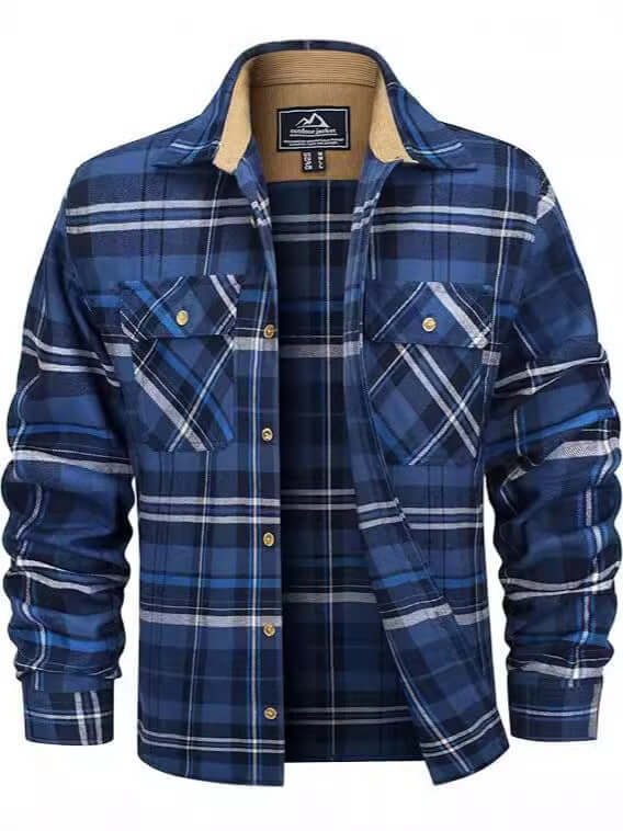 Men's navy plaid flannel casual button shirt with pockets and collar, perfect for fall and winter styling.