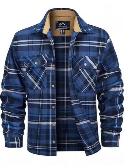 Men's navy plaid flannel casual button shirt with pockets and collar, perfect for fall and winter styling.