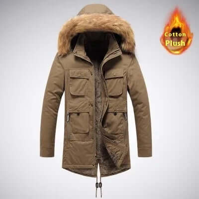 Men's autumn winter parka jacket in khaki with fur hood and multiple pockets, designed for warmth and style.
