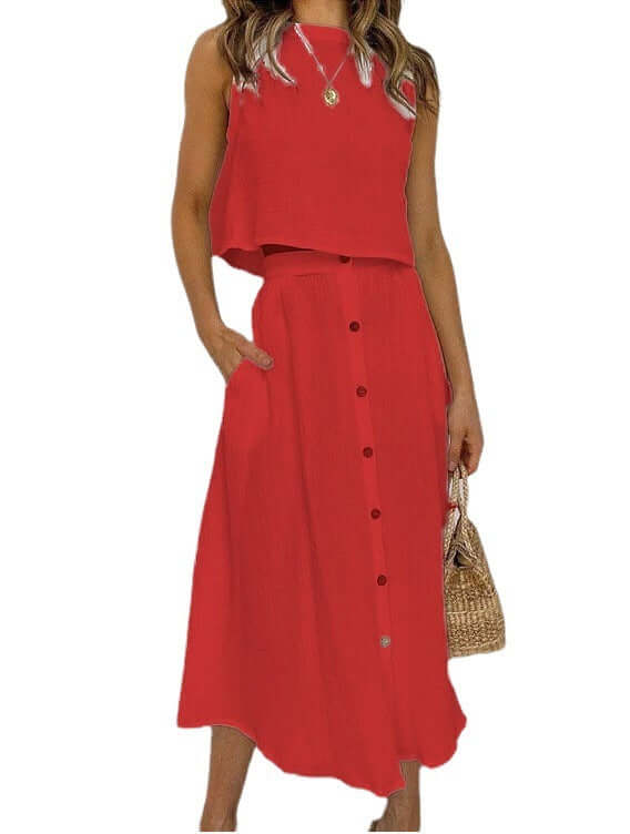 Women's Fashionable Simple Round Neck Vest Shirt Mid-length Dress Two-piece Suit eprolo